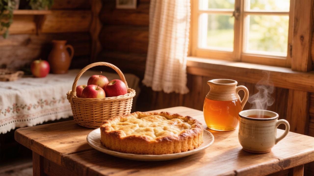 Свежеиспечённый яблочный пирог на столе в избе — иллюстрация к кулинарным традициям Яблочного Спаса.